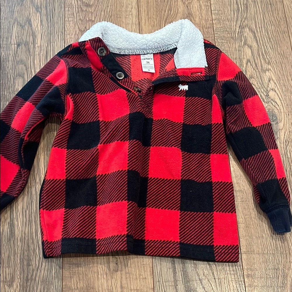 Kids Red and Black Plaid Fleece Pullover. 3T